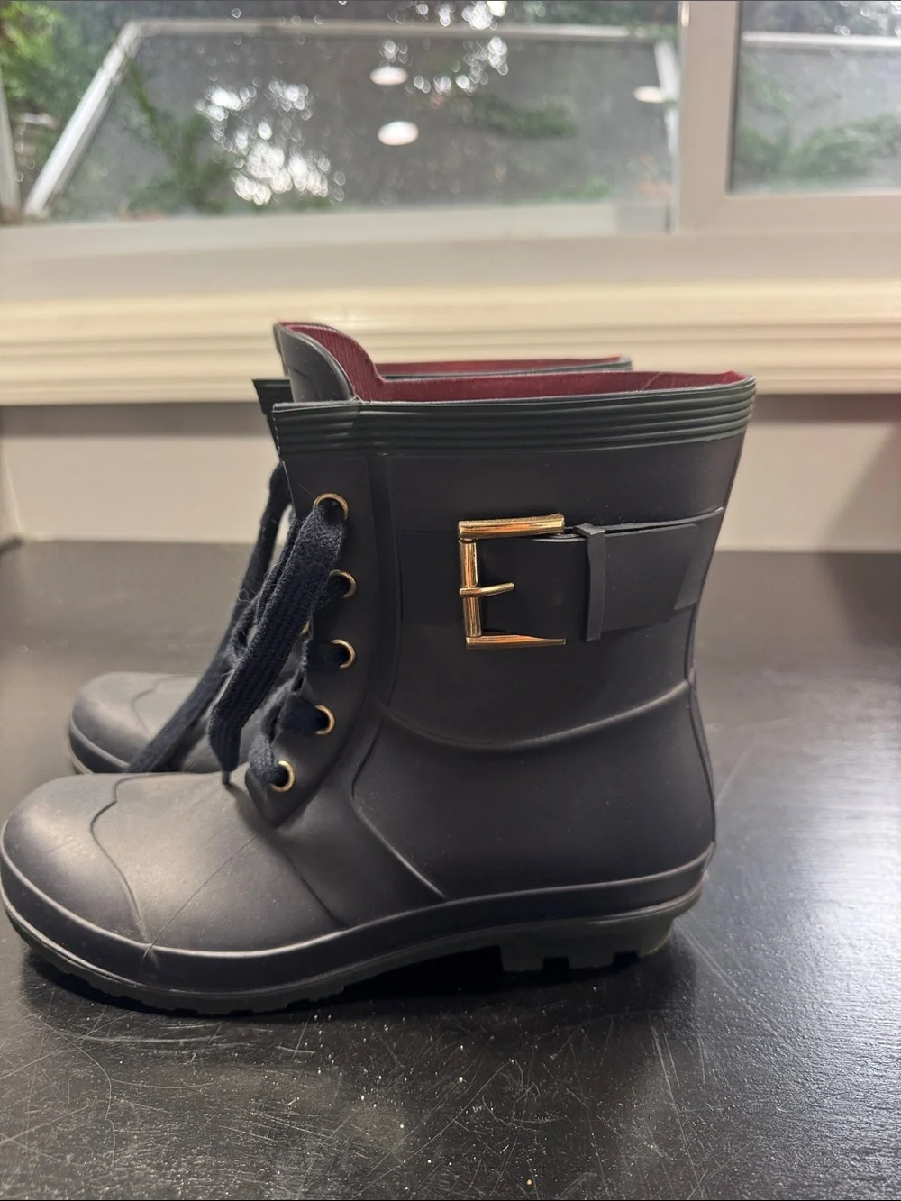 Tommy Hilfiger Black Lace-Up Ankle Rain Boots with Buckle